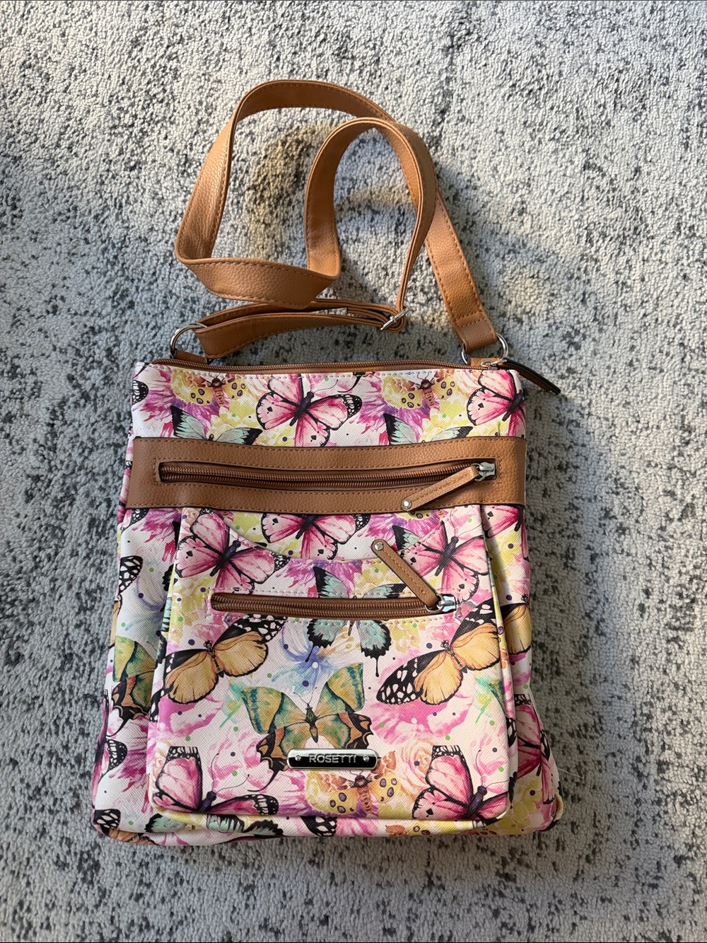Rosetti Pink Butterfly Crossbody with Tan Trim and Adjustable Strap